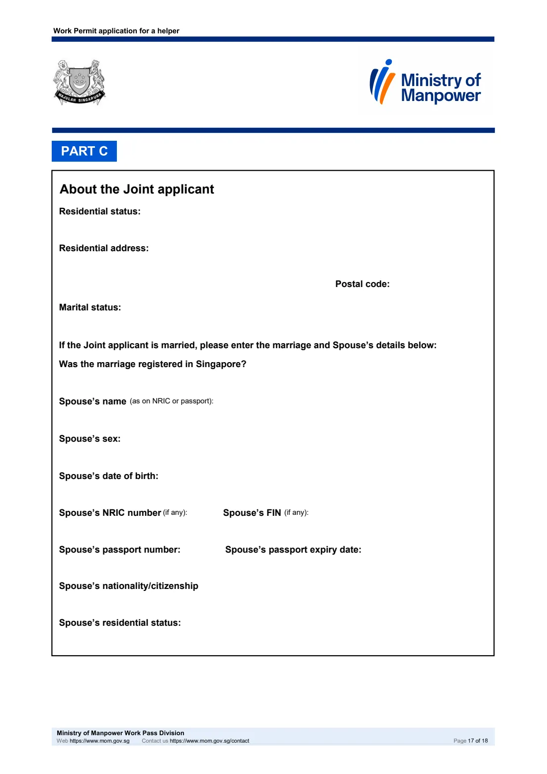 MOM Work Permit application for a helper (2026) Work Permit application for a helper (migrant domestic worker), including the Sponsorship and Joint Income schemes — page 17 of 18