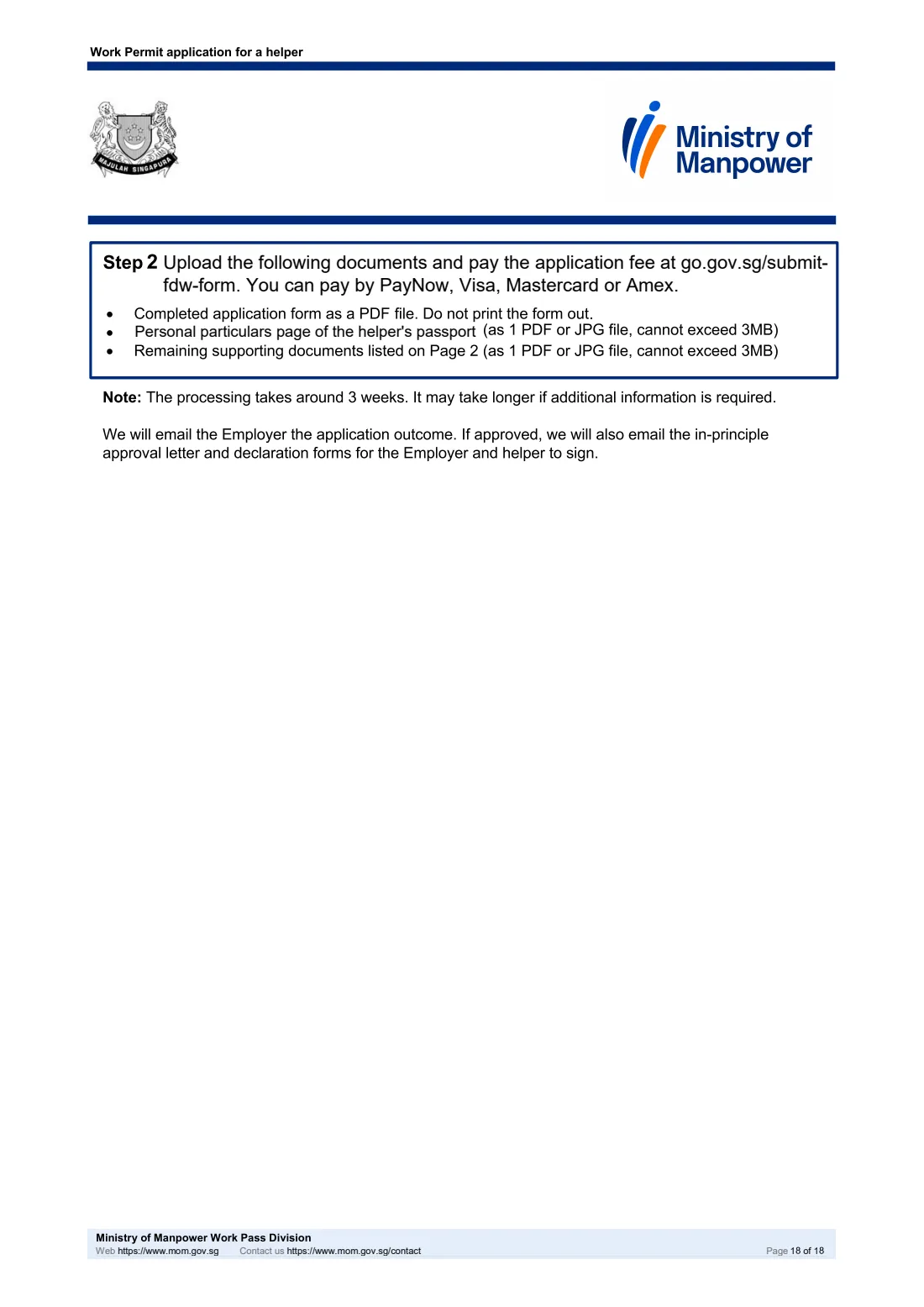 MOM Work Permit application for a helper (2026) Work Permit application for a helper (migrant domestic worker), including the Sponsorship and Joint Income schemes — page 18 of 18