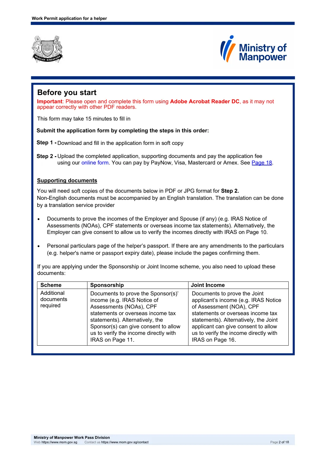 MOM Work Permit application for a helper (2026) Work Permit application for a helper (migrant domestic worker), including the Sponsorship and Joint Income schemes — page 2 of 18