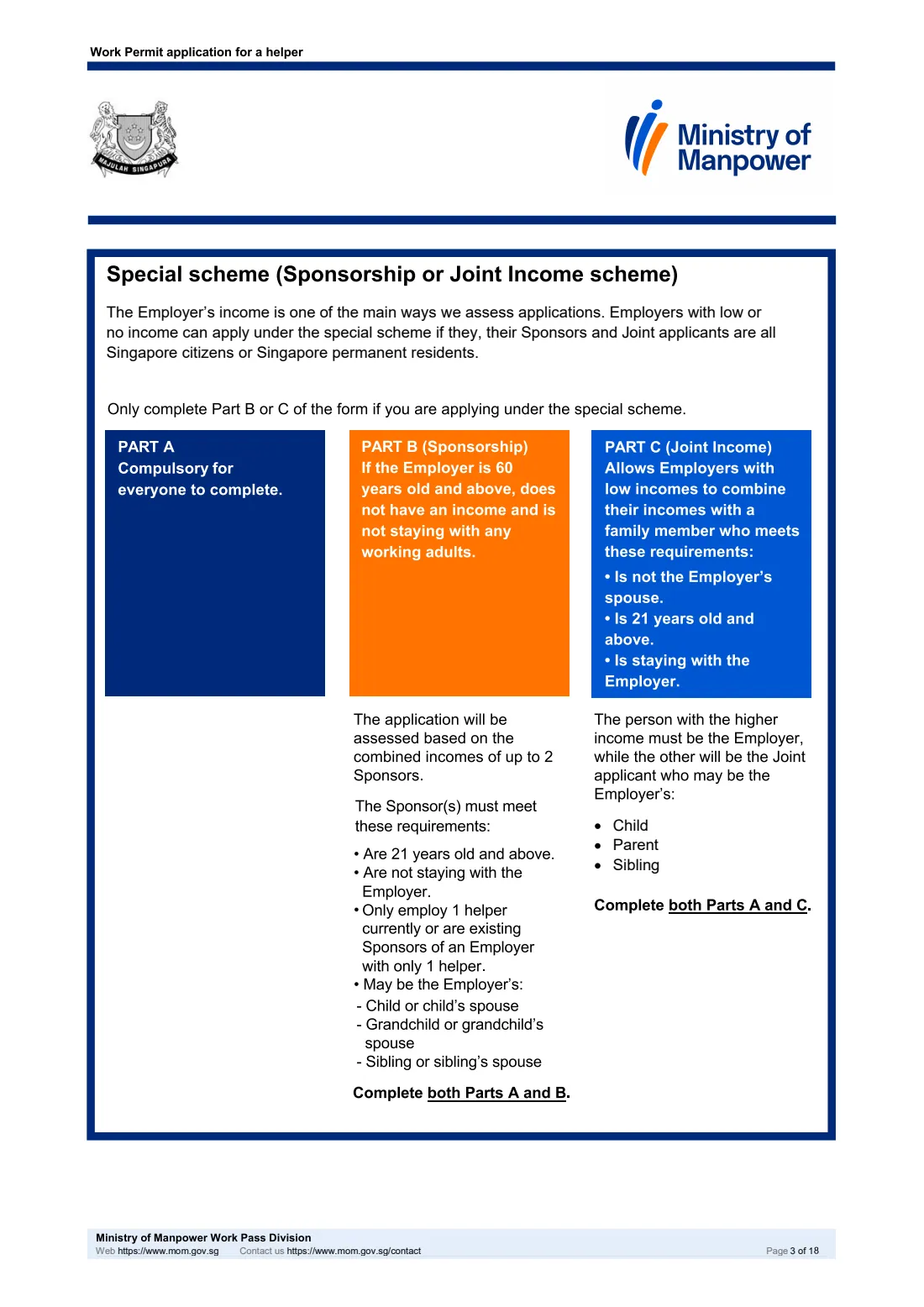 MOM Work Permit application for a helper (2026) Work Permit application for a helper (migrant domestic worker), including the Sponsorship and Joint Income schemes — page 3 of 18