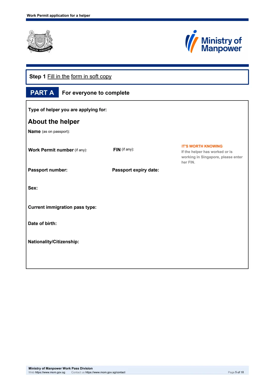 MOM Work Permit application for a helper (2026) Work Permit application for a helper (migrant domestic worker), including the Sponsorship and Joint Income schemes — page 5 of 18