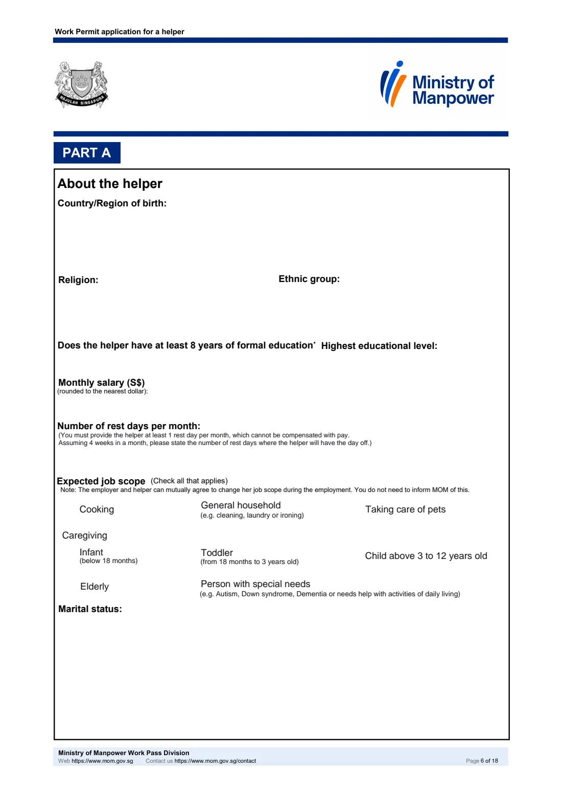 MOM Work Permit application for a helper (2026) Work Permit application for a helper (migrant domestic worker), including the Sponsorship and Joint Income schemes — page 6 of 18
