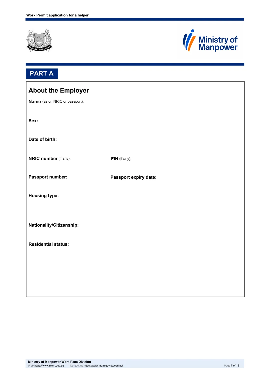 MOM Work Permit application for a helper (2026) Work Permit application for a helper (migrant domestic worker), including the Sponsorship and Joint Income schemes — page 7 of 18