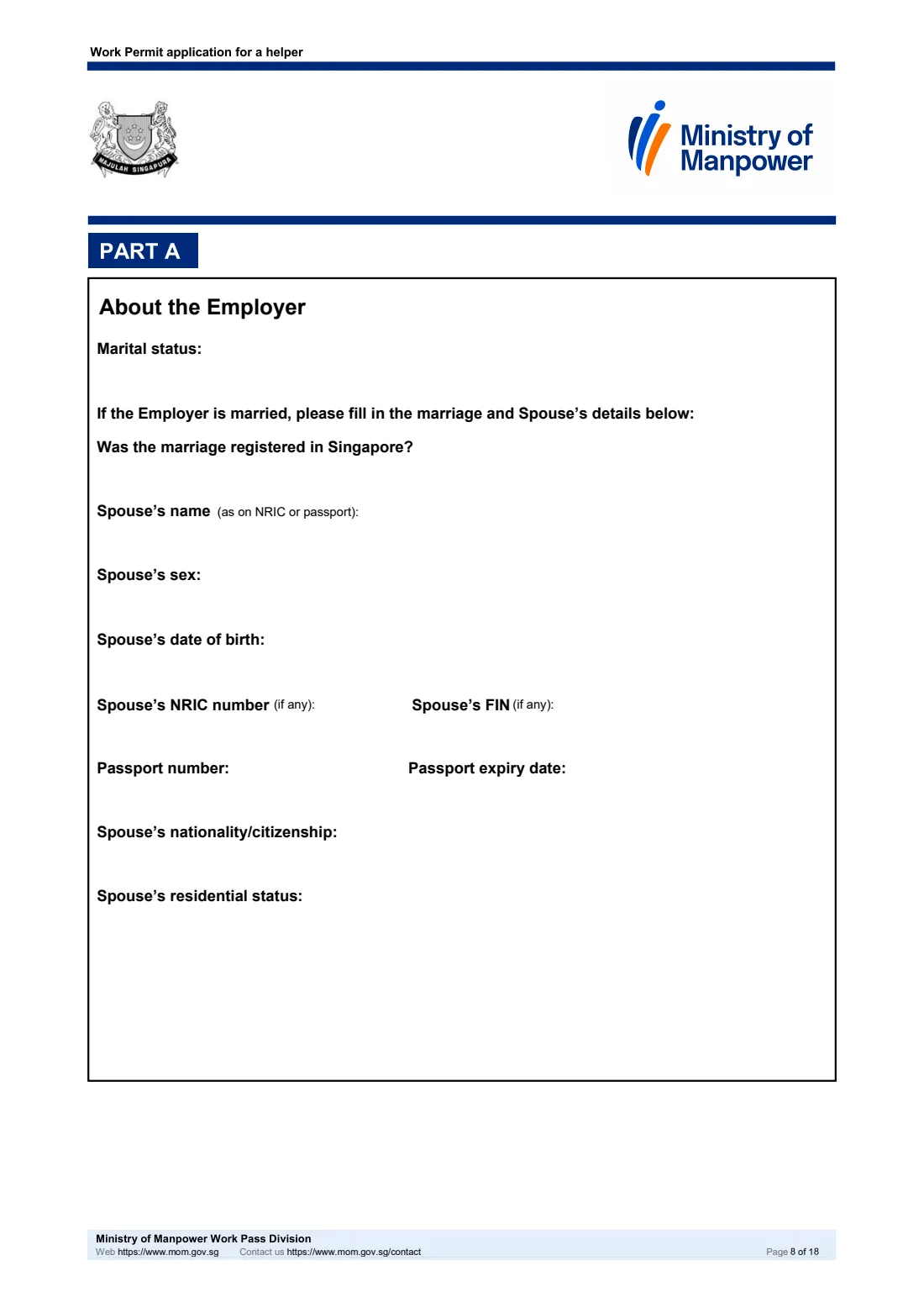 MOM Work Permit application for a helper (2026) Work Permit application for a helper (migrant domestic worker), including the Sponsorship and Joint Income schemes — page 8 of 18