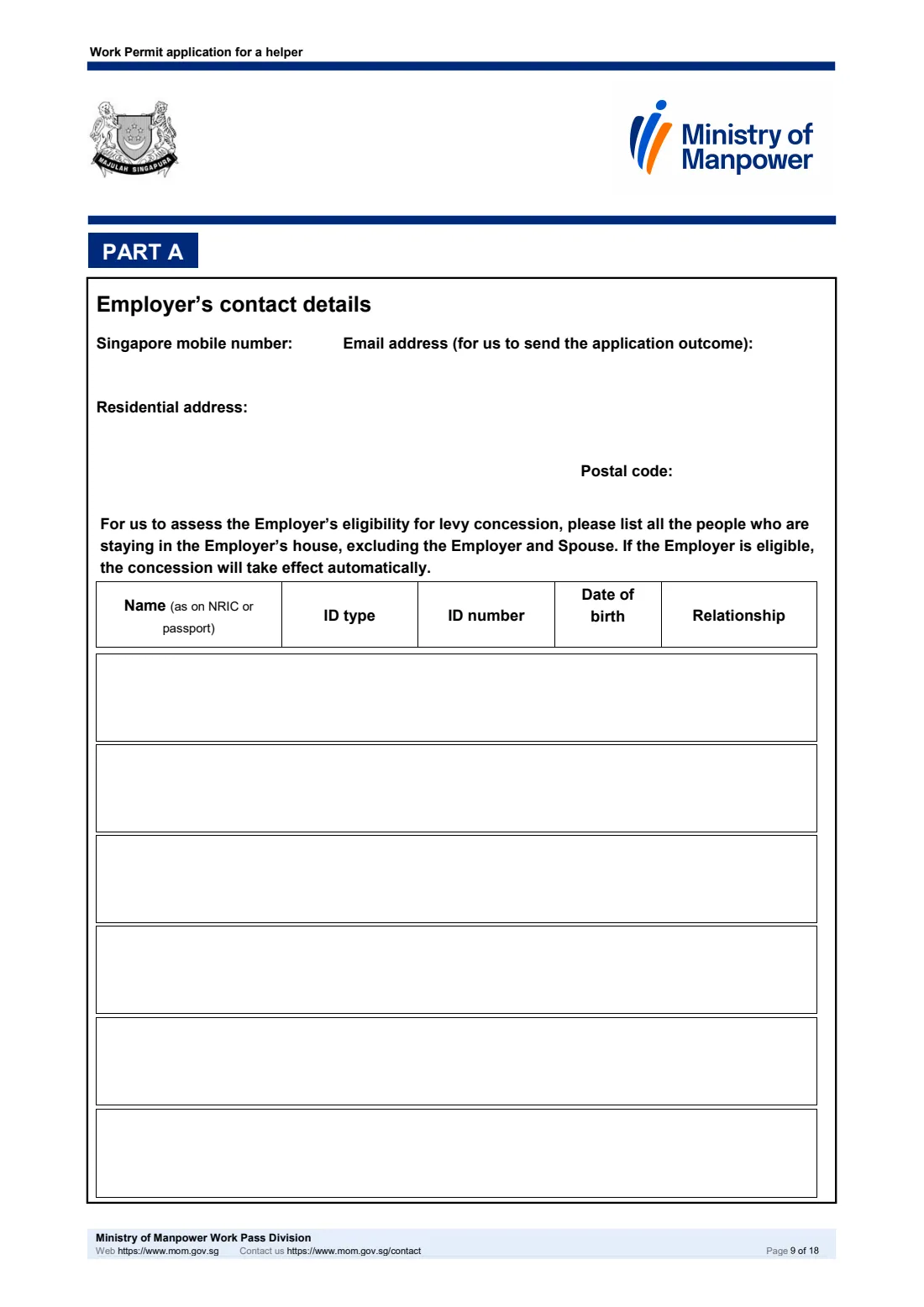 MOM Work Permit application for a helper (2026) Work Permit application for a helper (migrant domestic worker), including the Sponsorship and Joint Income schemes — page 9 of 18