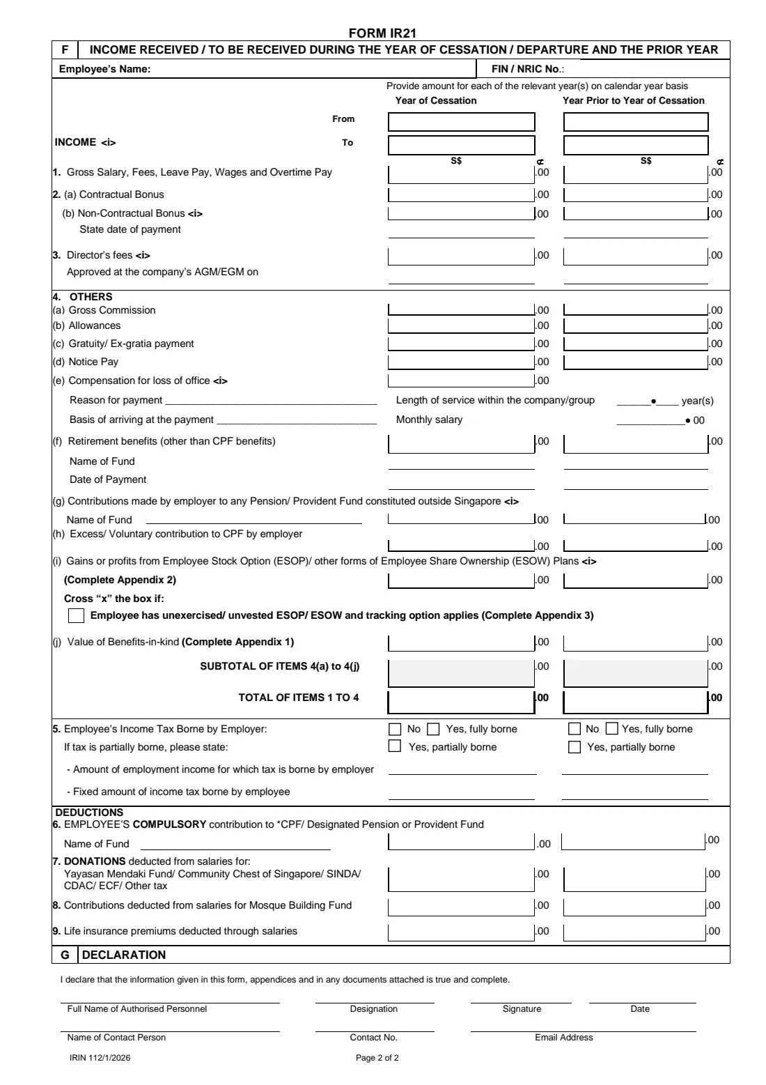 Form IR21 (2026) Notification of a Non-Citizen Employee's Cessation of Employment or Departure from Singapore — page 2 of 6