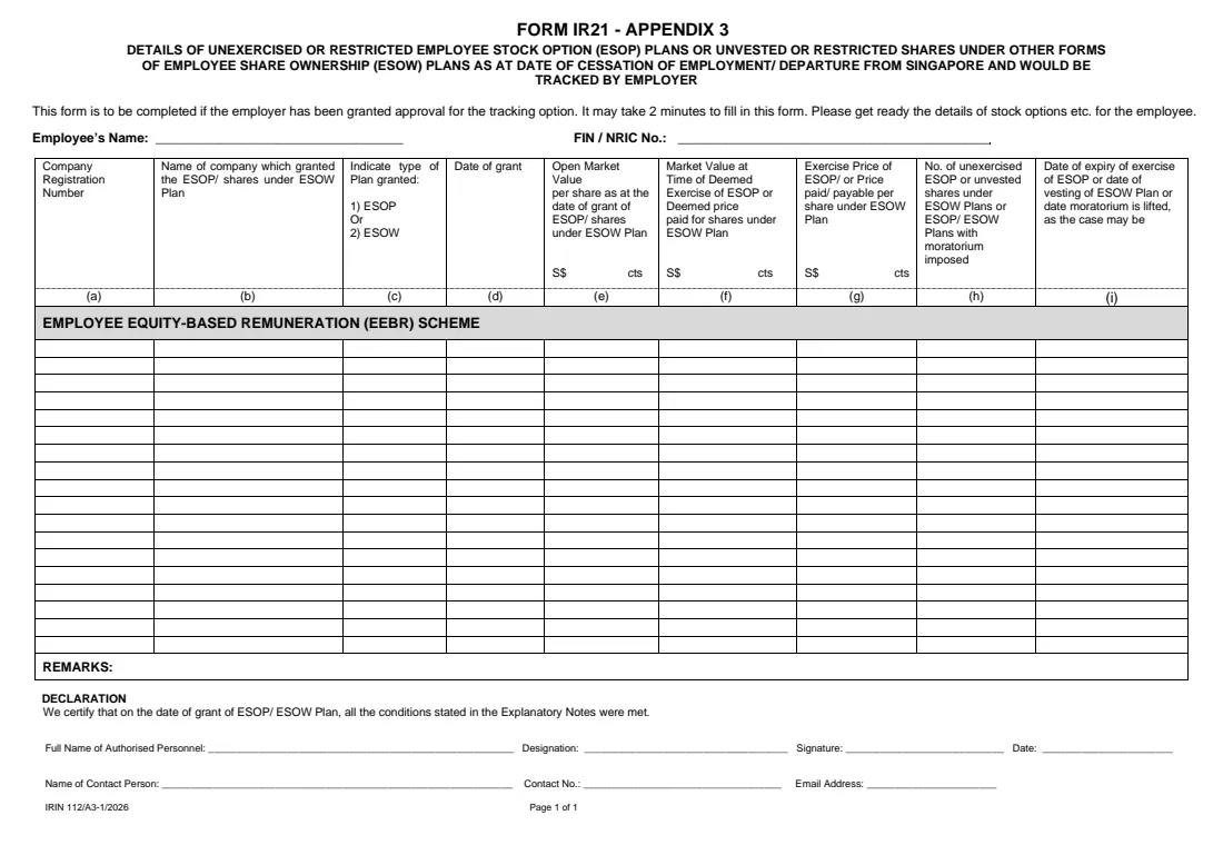 Form IR21 (2026) Notification of a Non-Citizen Employee's Cessation of Employment or Departure from Singapore — page 6 of 6