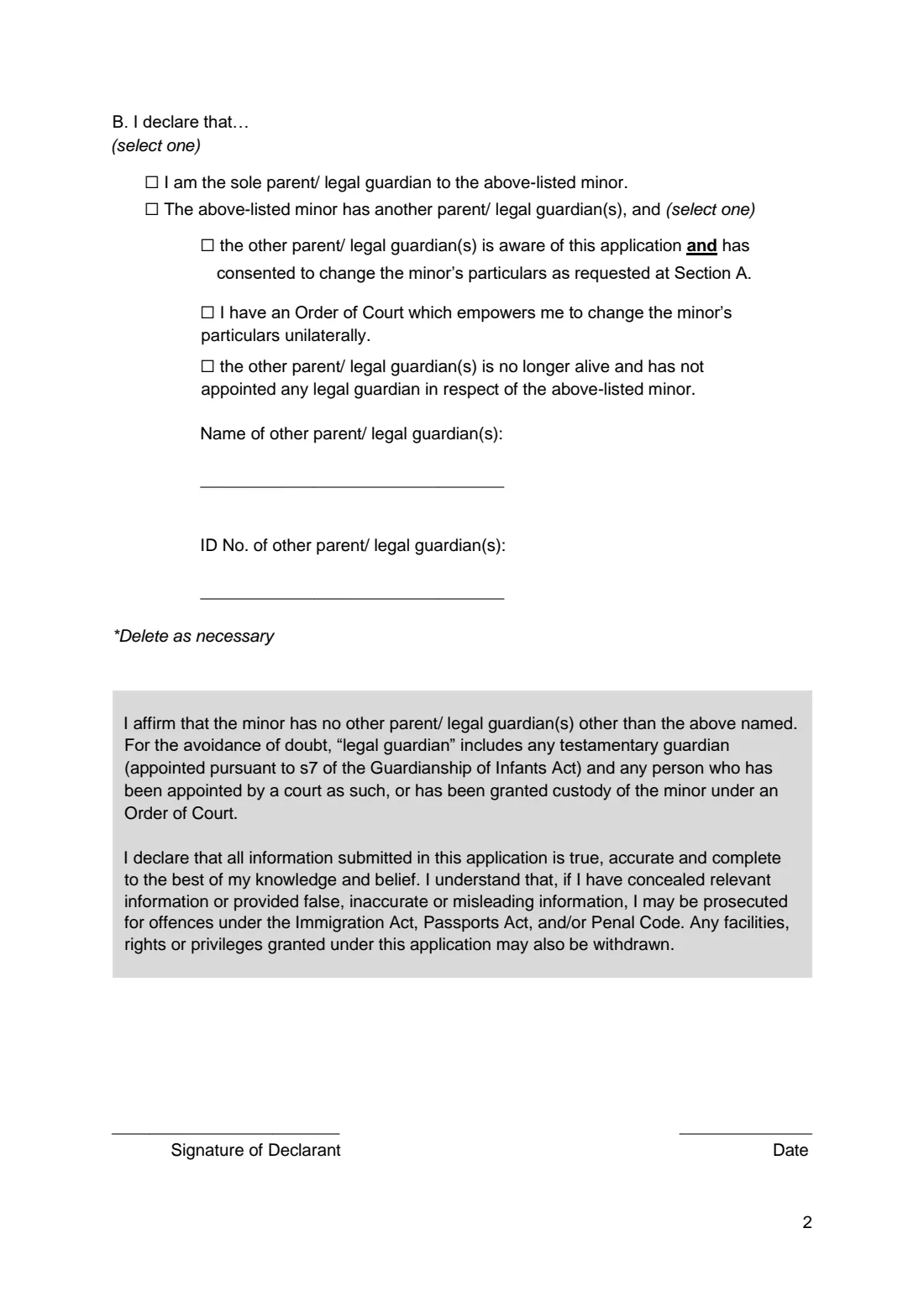 Change of Name for Minors declaration (2026) Declaration: Change of Name for Minors (Under 21 Years Old) — page 2 of 2