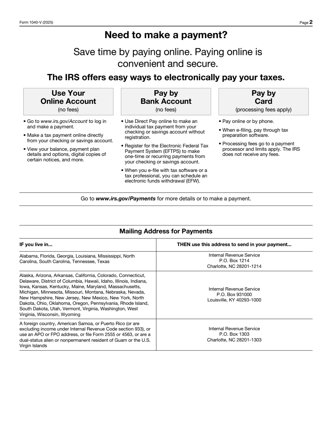 Form 1040-V (2025) Payment Voucher for Individuals — page 2 of 2