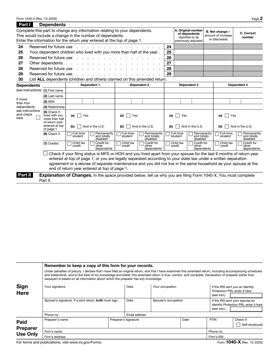 Form 1040-X (2025) Amended U.S. Individual Income Tax Return — page 2 of 2