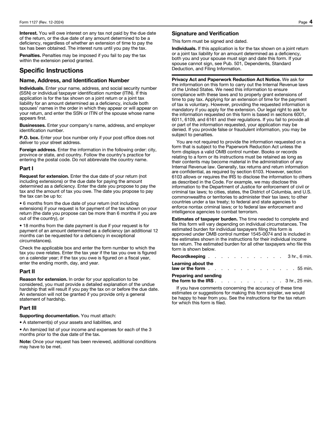 Form 1127 (2024) Application for Extension of Time for Payment of Tax Due to Undue Hardship — page 4 of 4