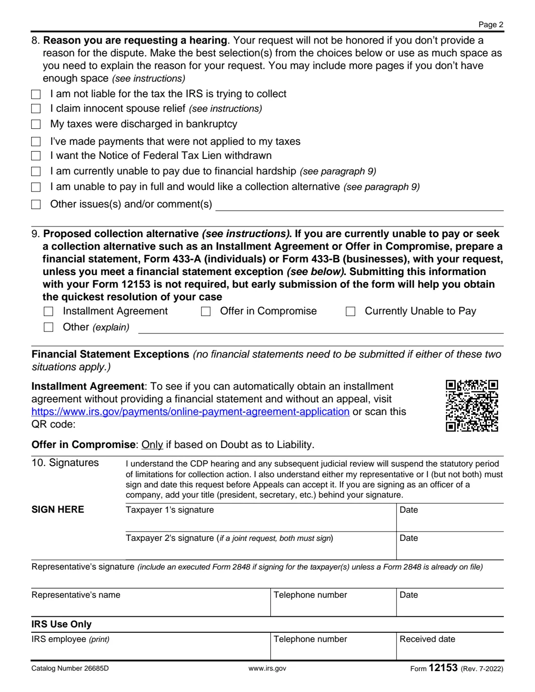 Form 12153 (2022) Request for a Collection Due Process or Equivalent Hearing — page 2 of 4