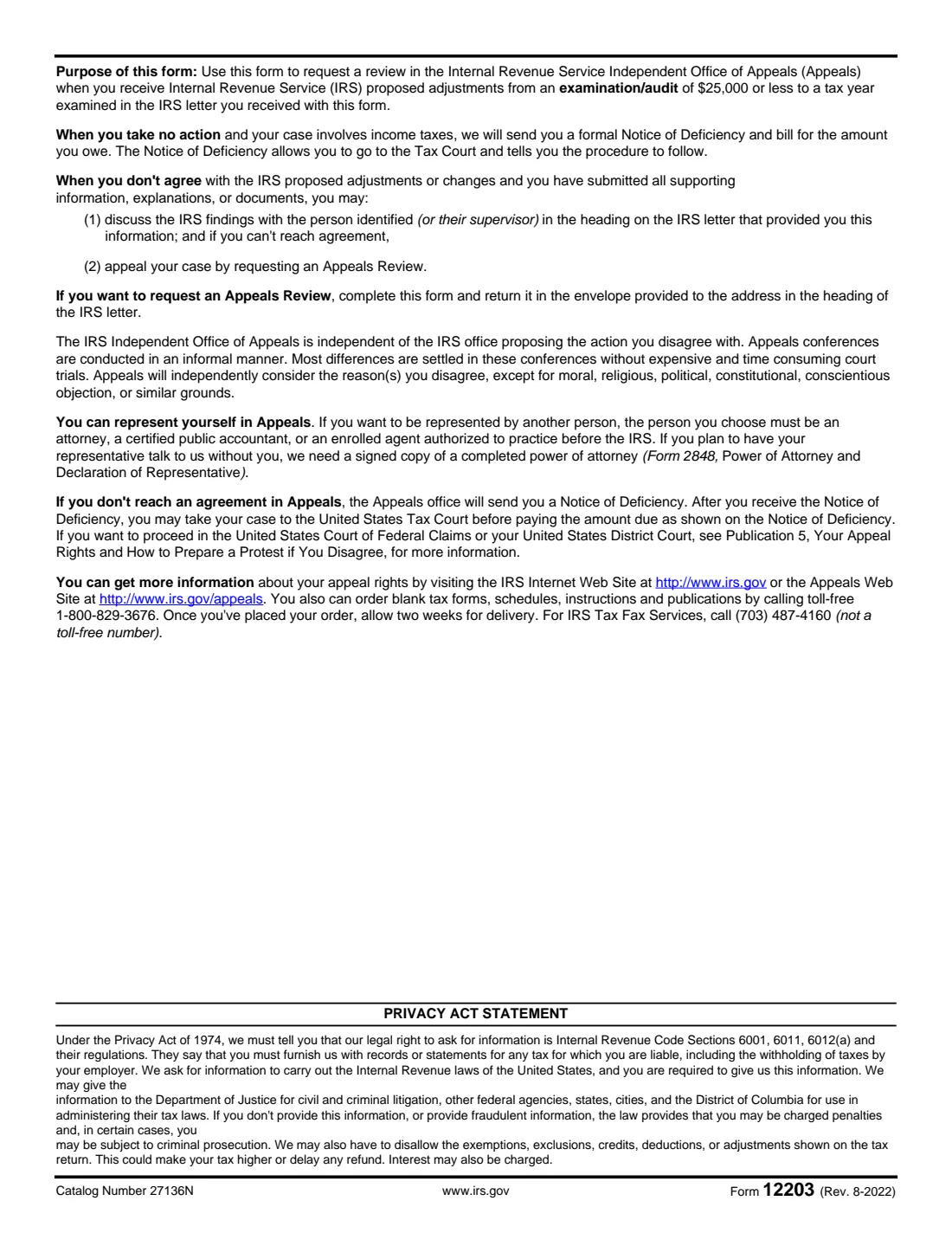Form 12203 (2022) Request for Appeals Review — page 2 of 2