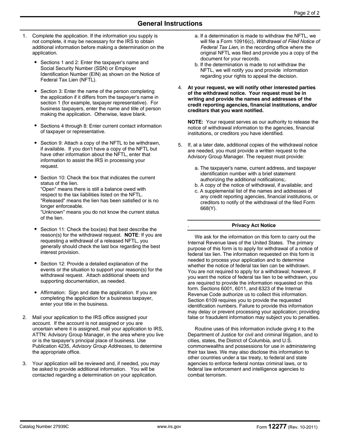 Form 12277 (2011) Application for Withdrawal of Filed Form 668(Y), Notice of Federal Tax Lien — page 2 of 2