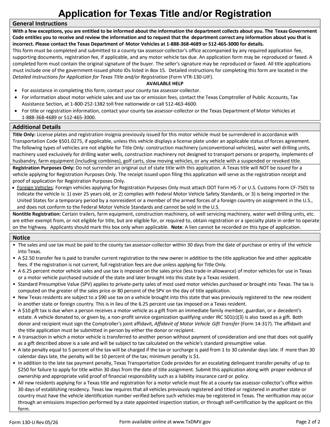 Form 130-U (2026) Application for Texas Title and/or Registration — page 2 of 2