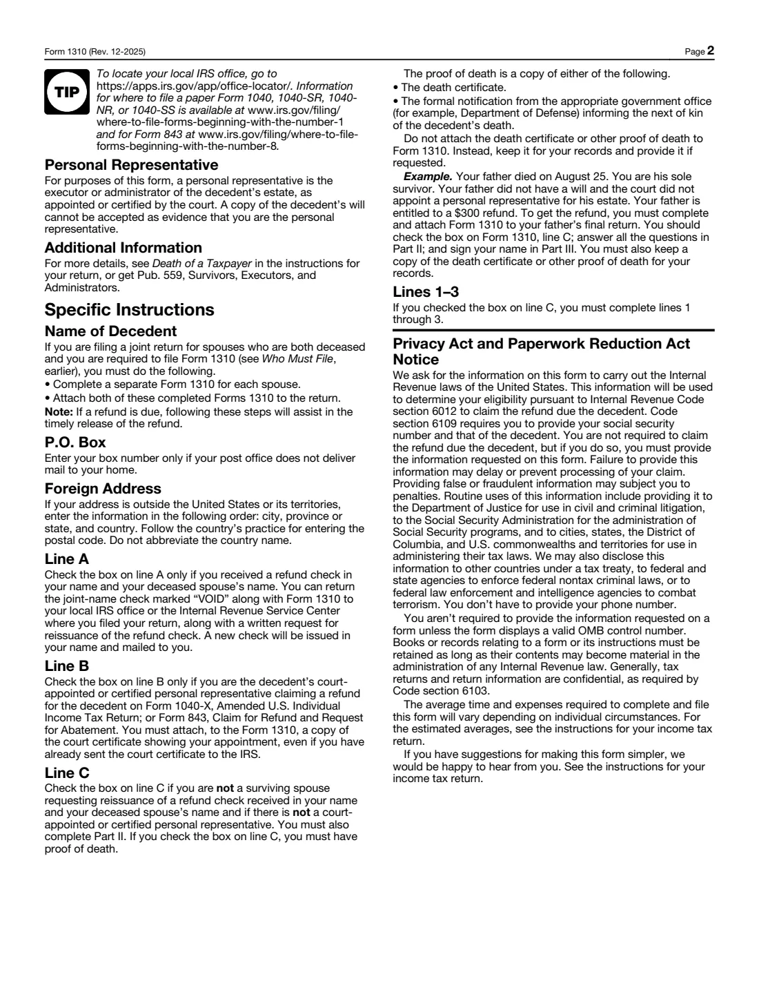 Form 1310 (2025) Statement of Person Claiming Refund Due a Deceased Taxpayer — page 2 of 2