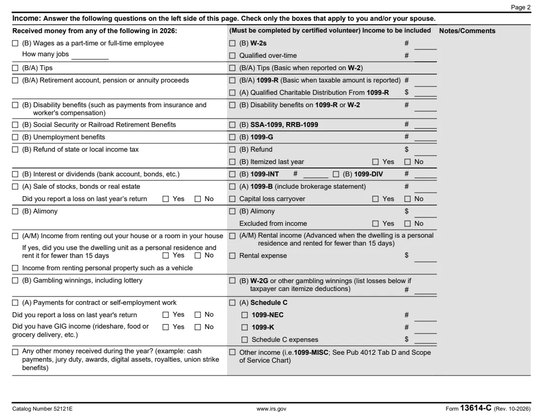 Form 13614-C (2026) Intake/Interview and Quality Review Sheet (VITA/TCE) — page 2 of 6