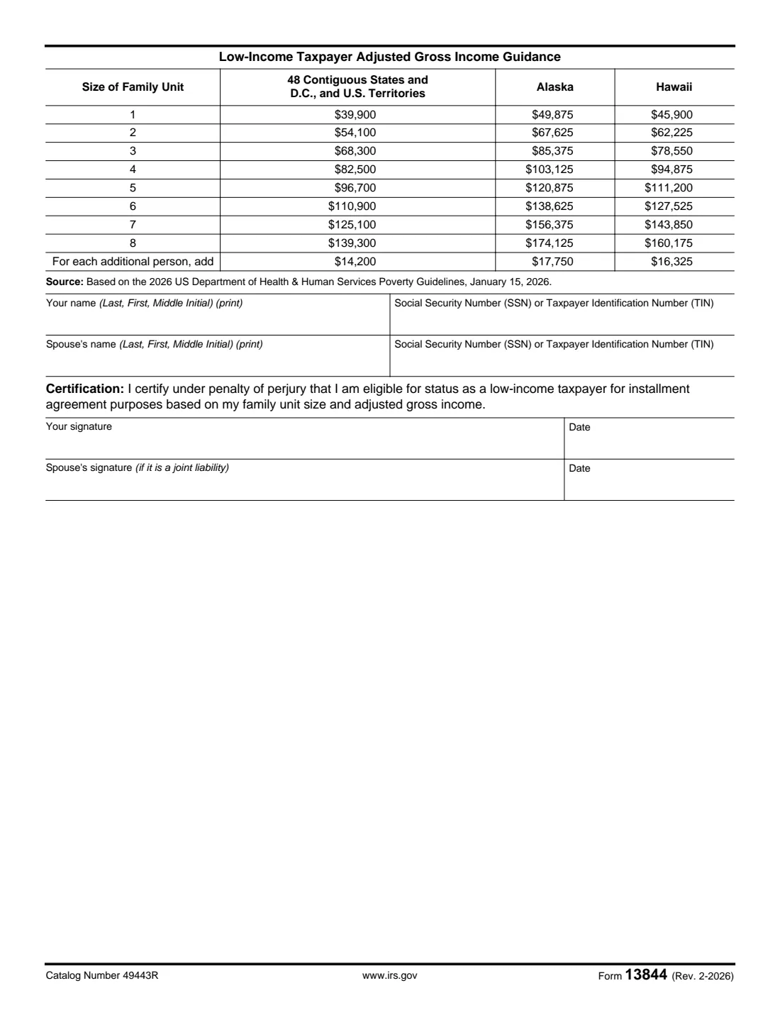 Form 13844 (2026) Application For Reduced User Fee for Installment Agreements — page 2 of 2