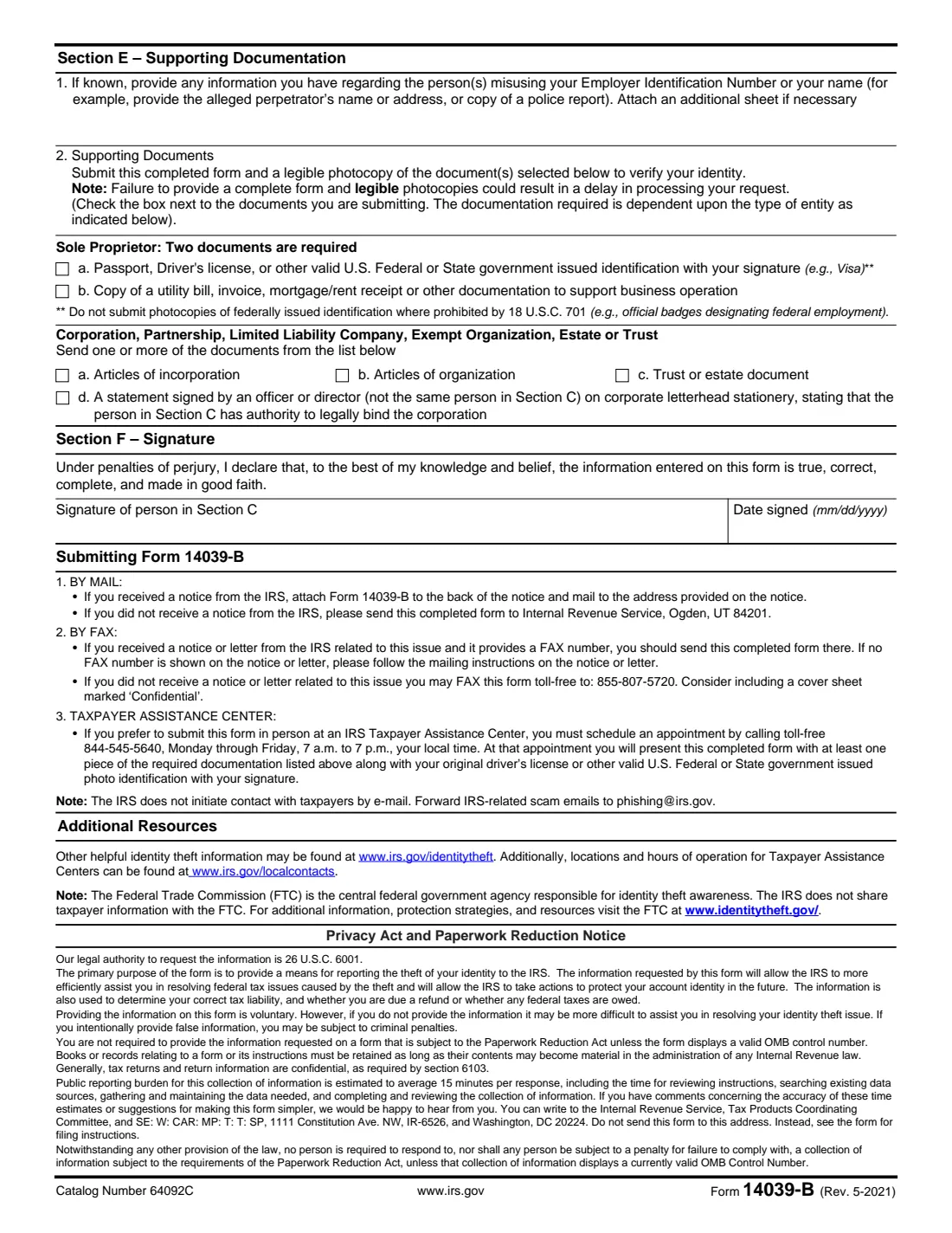 Form 14039-B (2021) Business Identity Theft Affidavit — page 2 of 2
