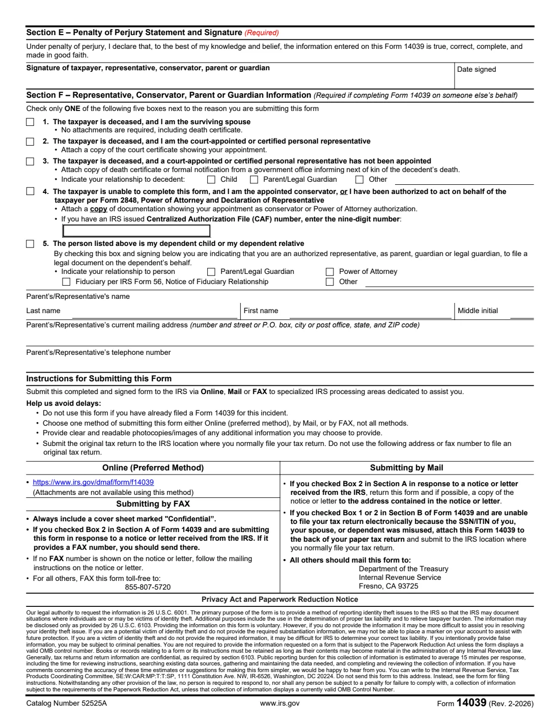 Form 14039 (2026) Identity Theft Affidavit — page 2 of 2