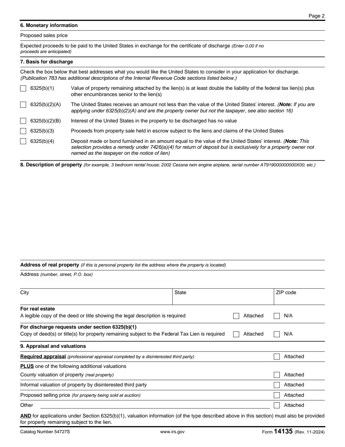 Form 14135 (2024) Application for Certificate of Discharge of Property from Federal Tax Lien — page 2 of 3