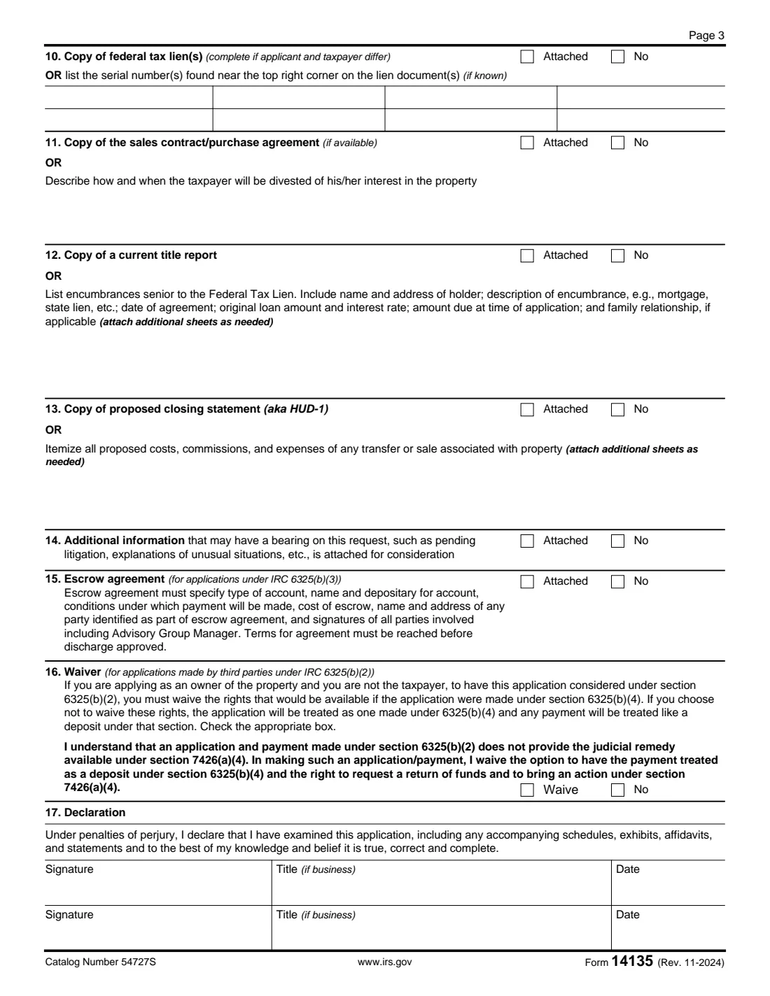 Form 14135 (2024) Application for Certificate of Discharge of Property from Federal Tax Lien — page 3 of 3