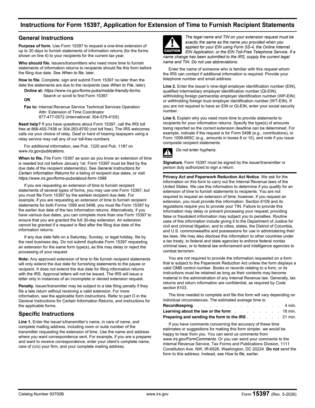 Form 15397 (2026) Application for Extension of Time To Furnish Recipient Statements — page 2 of 2