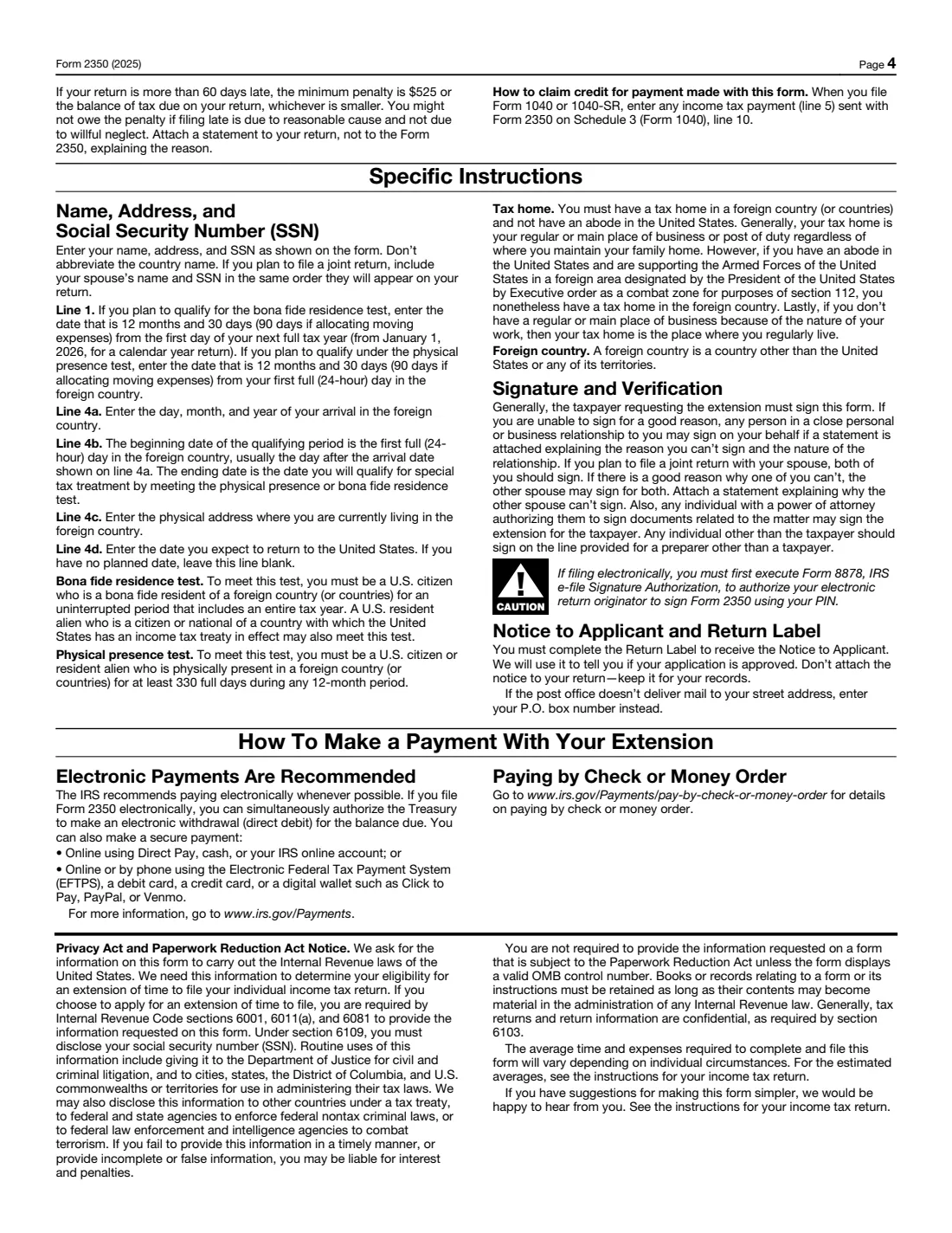 Form 2350 (2025) Application for Extension of Time To File U.S. Income Tax Return (U.S. Citizens and Resident Aliens Abroad) — page 4 of 4