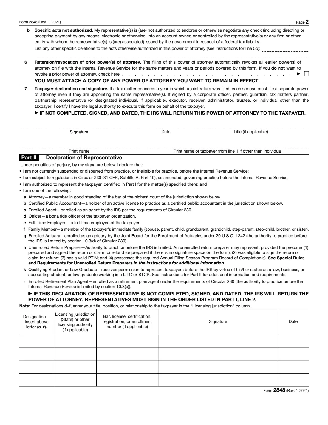 Form 2848 (2021) Power of Attorney and Declaration of Representative — page 2 of 2