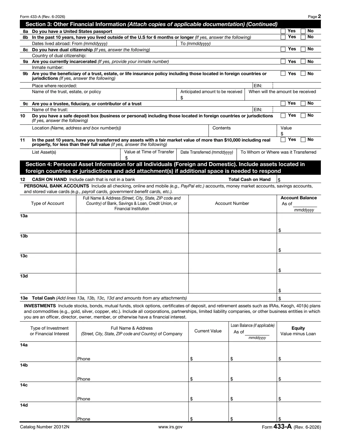 Form 433-A (2026) Collection Information Statement for Wage Earners and Self-Employed Individuals — page 2 of 8