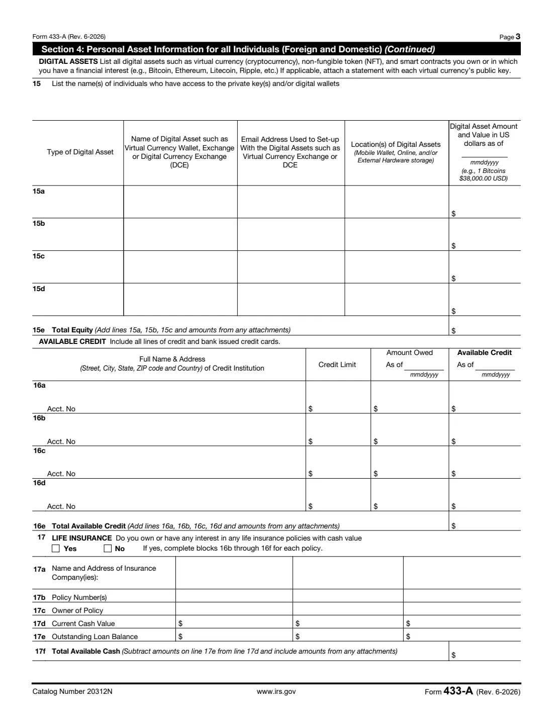 Form 433-A (2026) Collection Information Statement for Wage Earners and Self-Employed Individuals — page 3 of 8