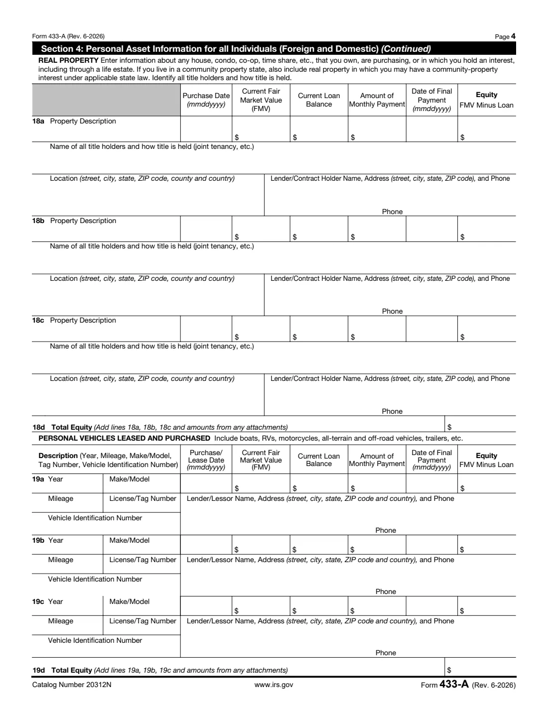 Form 433-A (2026) Collection Information Statement for Wage Earners and Self-Employed Individuals — page 4 of 8