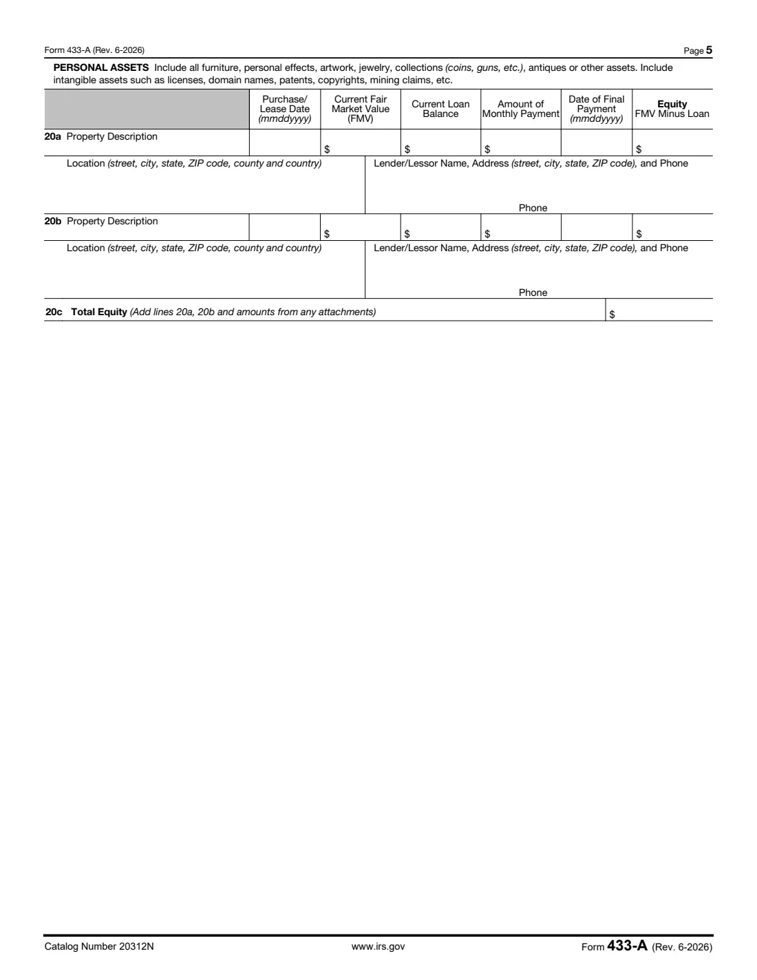 Form 433-A (2026) Collection Information Statement for Wage Earners and Self-Employed Individuals — page 5 of 8