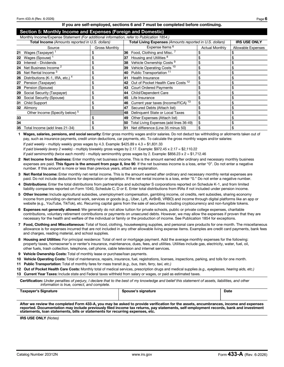 Form 433-A (2026) Collection Information Statement for Wage Earners and Self-Employed Individuals — page 6 of 8