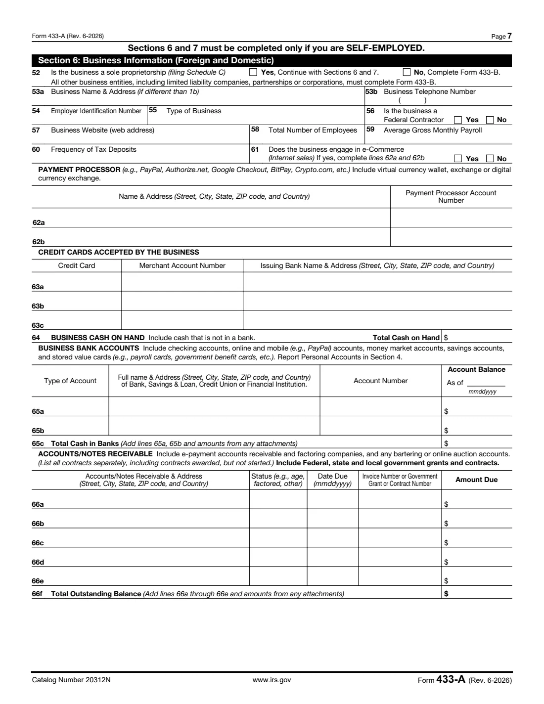 Form 433-A (2026) Collection Information Statement for Wage Earners and Self-Employed Individuals — page 7 of 8