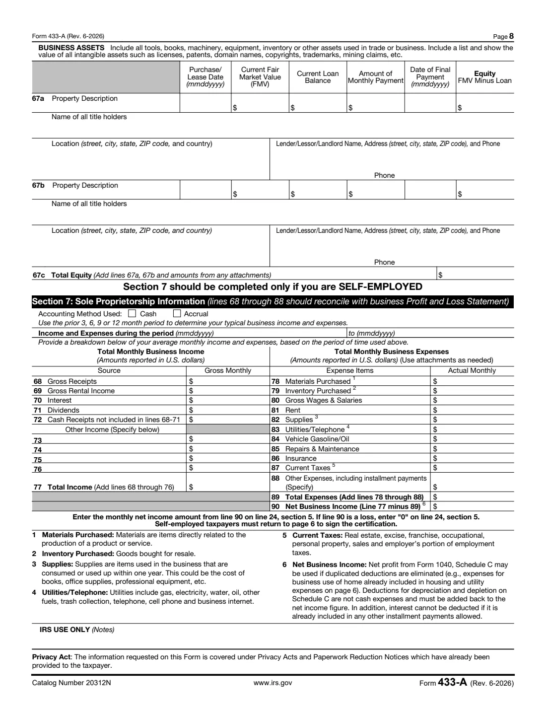 Form 433-A (2026) Collection Information Statement for Wage Earners and Self-Employed Individuals — page 8 of 8