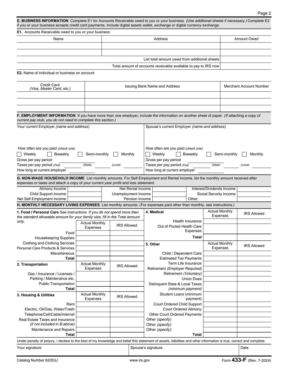 Form 433-F (2024) Collection Information Statement — page 2 of 4