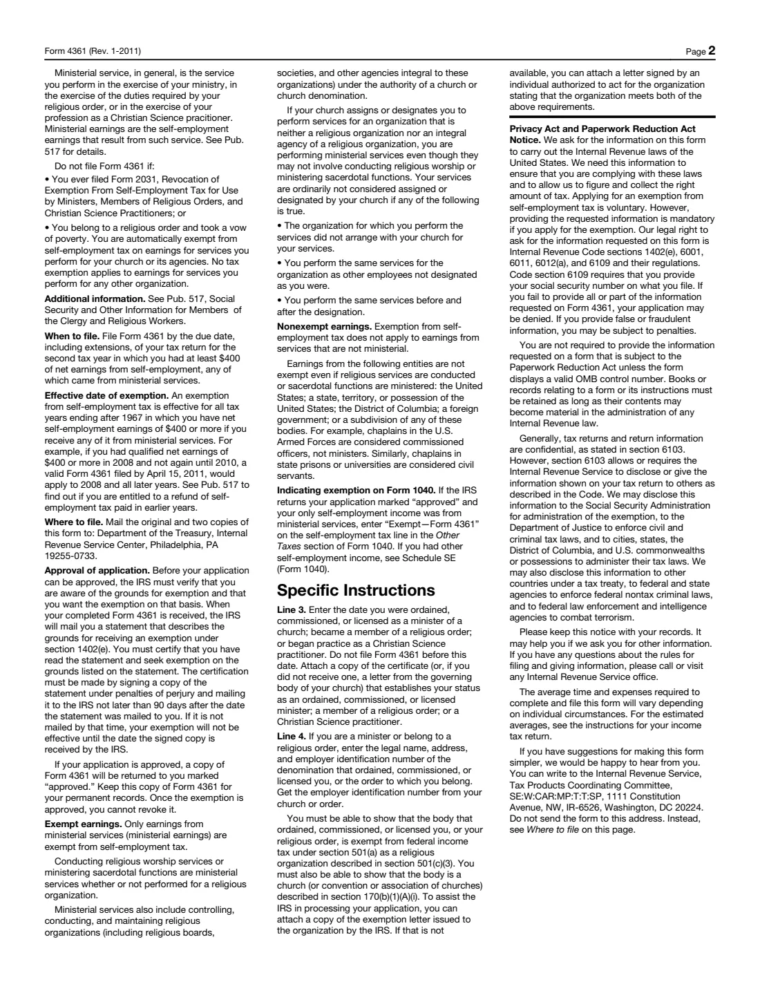 Form 4361 (2011) Application for Exemption From Self-Employment Tax for Use by Ministers, Members of Religious Orders and Christian Science Practitioners — page 2 of 2