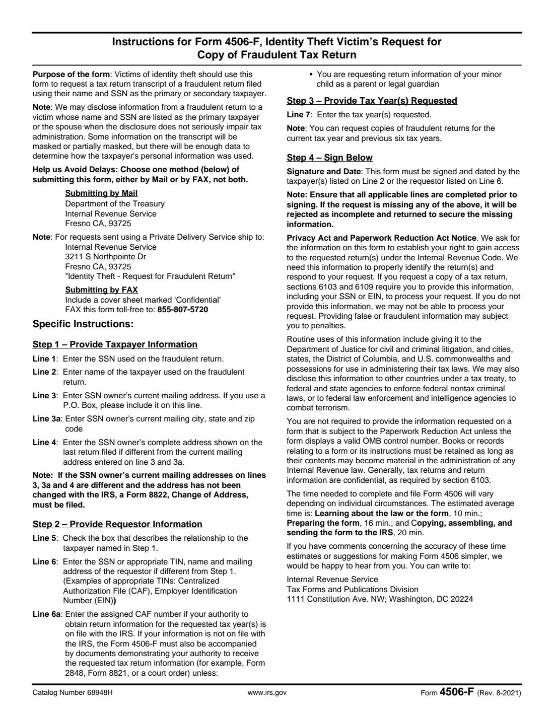 Form 4506-F (2021) Identity Theft Victim's Request for Copy of Fraudulent Tax Return — page 2 of 2
