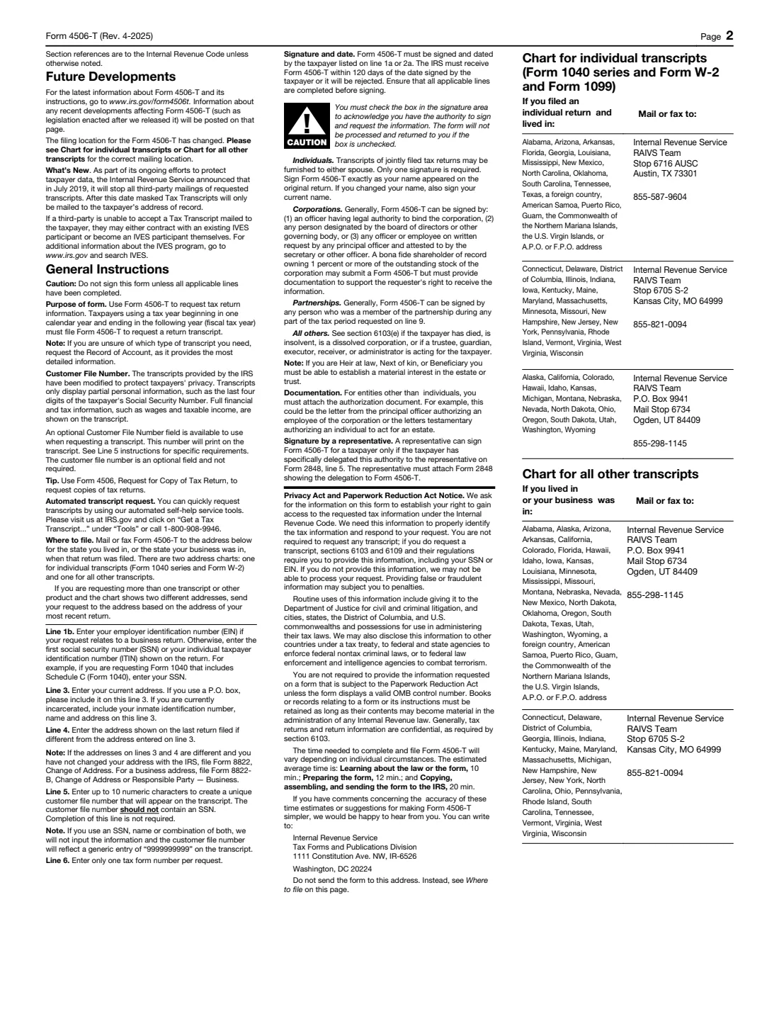 Form 4506-T (2025) Request for Transcript of Tax Return — page 2 of 2