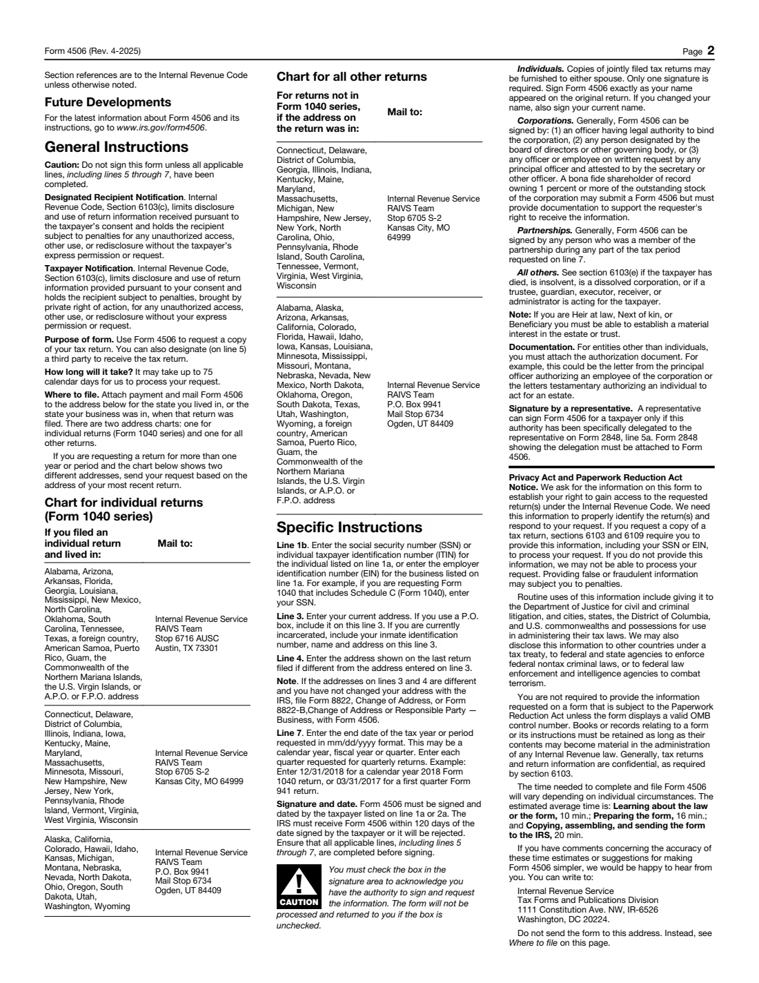 Form 4506 (2025) Request for Copy of Tax Return — page 2 of 2