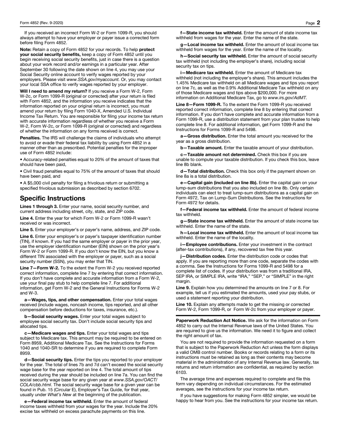 Form 4852 (2020) Substitute for Form W-2, Wage and Tax Statement, or Form 1099-R, Distributions From Pensions, Annuities, Retirement or Profit-Sharing Plans, IRAs, Insurance Contracts, etc. — page 2 of 2