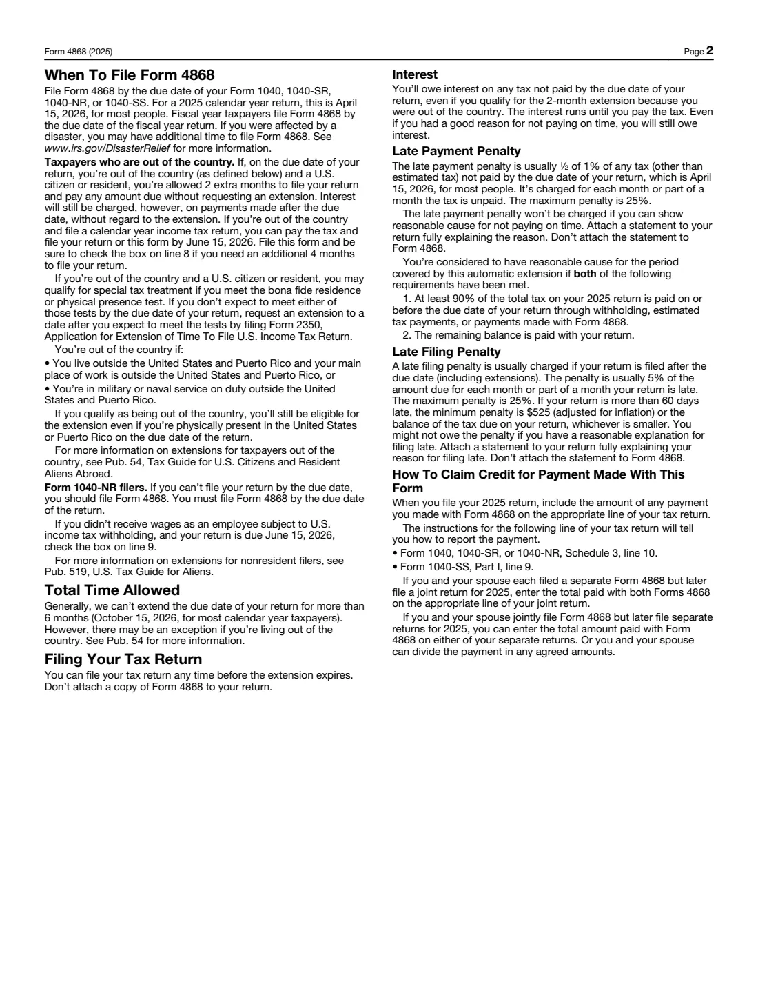 Form 4868 (2025) Application for Automatic Extension of Time To File U.S. Individual Income Tax Return — page 2 of 4