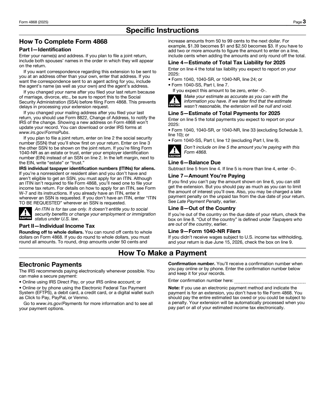 Form 4868 (2025) Application for Automatic Extension of Time To File U.S. Individual Income Tax Return — page 3 of 4