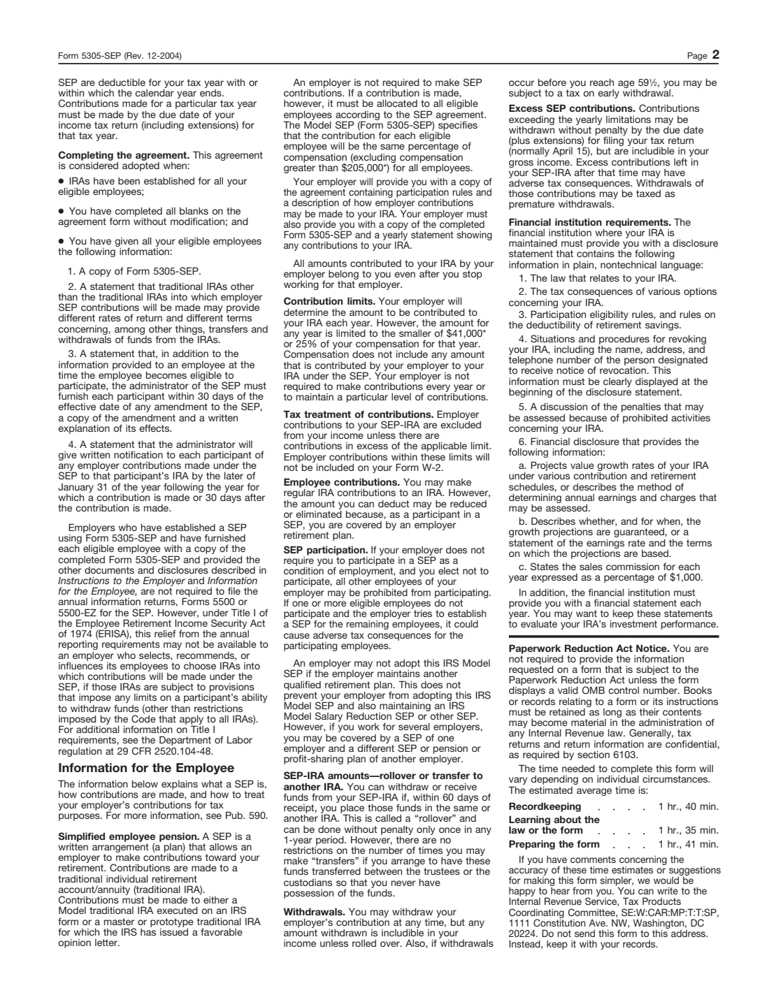 Form 5305-SEP (2004) Simplified Employee Pension—Individual Retirement Accounts Contribution Agreement — page 2 of 2