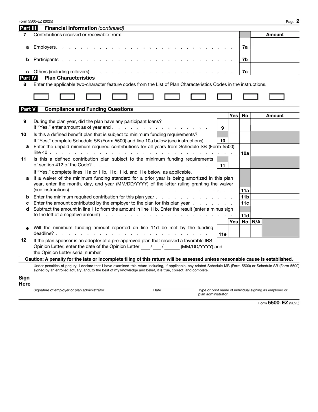 Form 5500-EZ (2025) Annual Return of A One-Participant (Owners/Partners and Their Spouses) Retirement Plan or A Foreign Plan — page 2 of 2