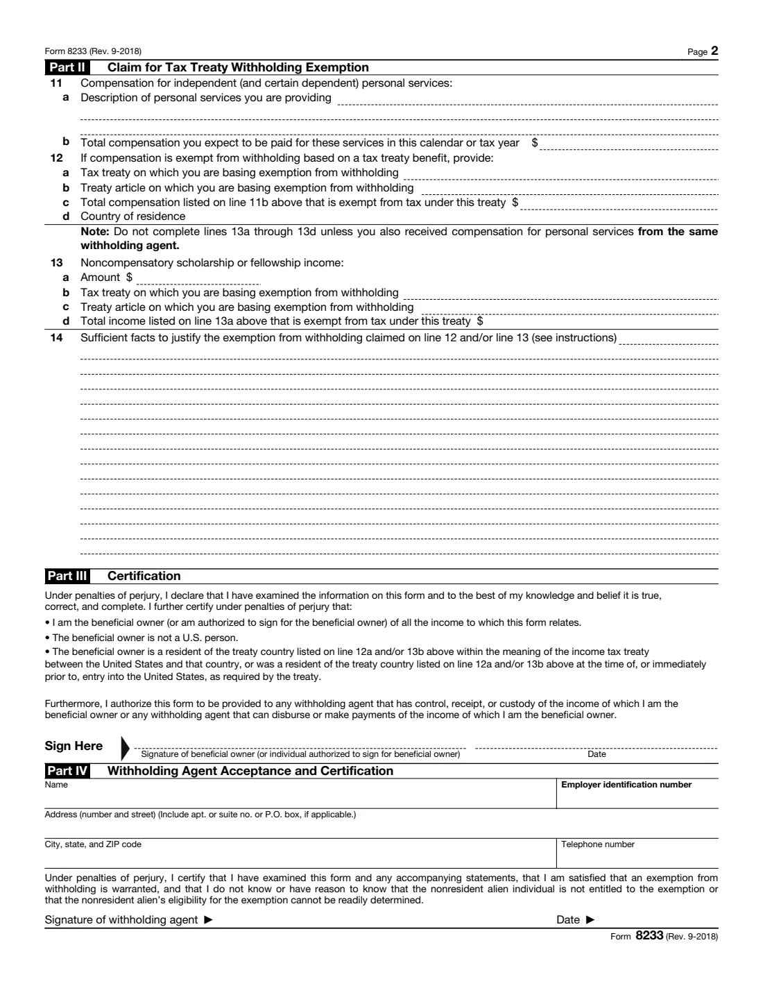Form 8233 (2018) Exemption From Withholding on Compensation for Independent (and Certain Dependent) Personal Services of a Nonresident Alien Individual — page 2 of 2