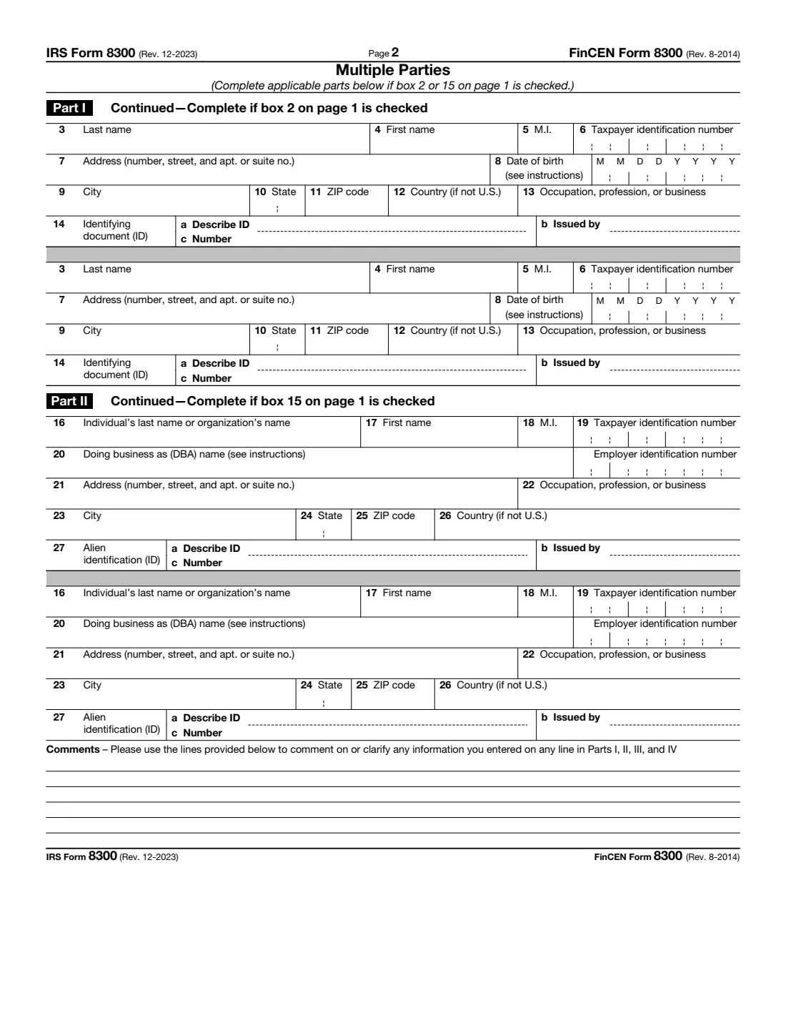 Form 8300 (2023) Report of Cash Payments Over $10,000 Received in a Trade or Business — page 2 of 2