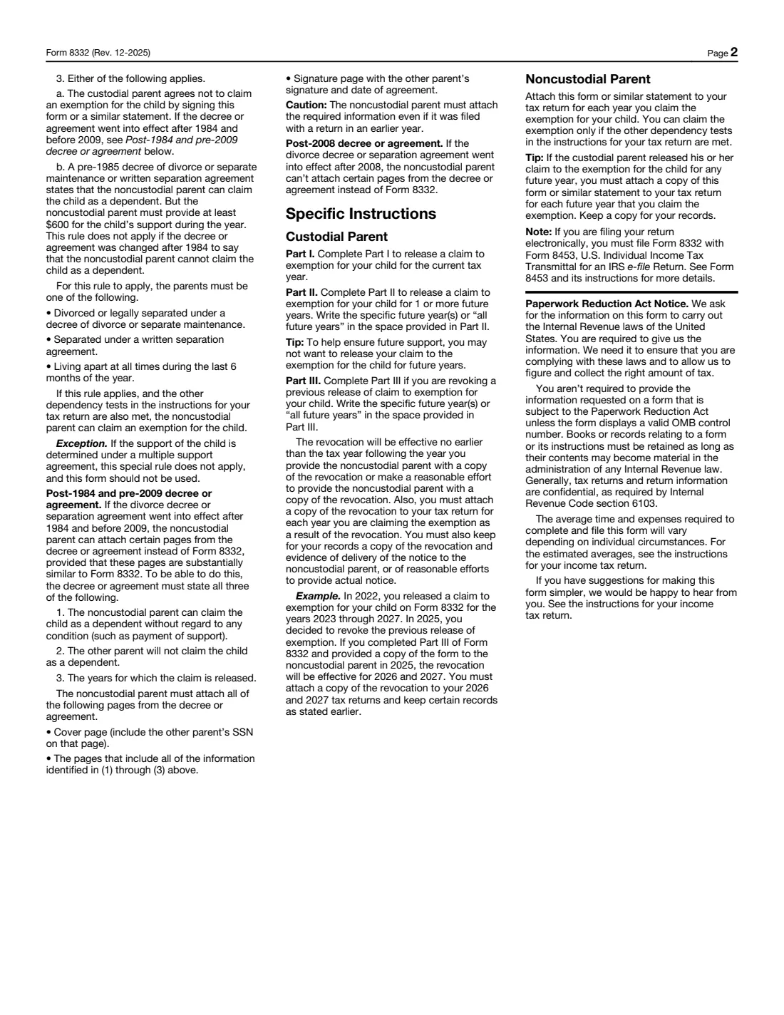 Form 8332 (2025) Release/Revocation of Release of Claim to Exemption for Child by Custodial Parent — page 2 of 2