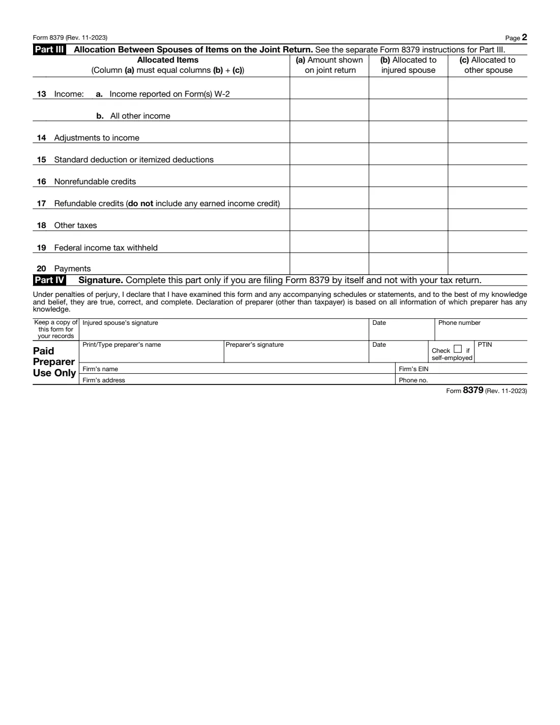 Form 8379 (2023) Injured Spouse Allocation — page 2 of 2